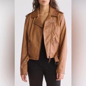 MAXSTUDIO Washed Faux Leather Moto Jacket | Size S